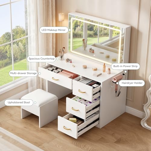 YITAHOME Vanity Desk Set with Large 35" LED Mirror and Lights, Makeup Table with 4 Drawers & Stool, 2 AC Outlets and 2 USB Ports, Adjustable Lighting
