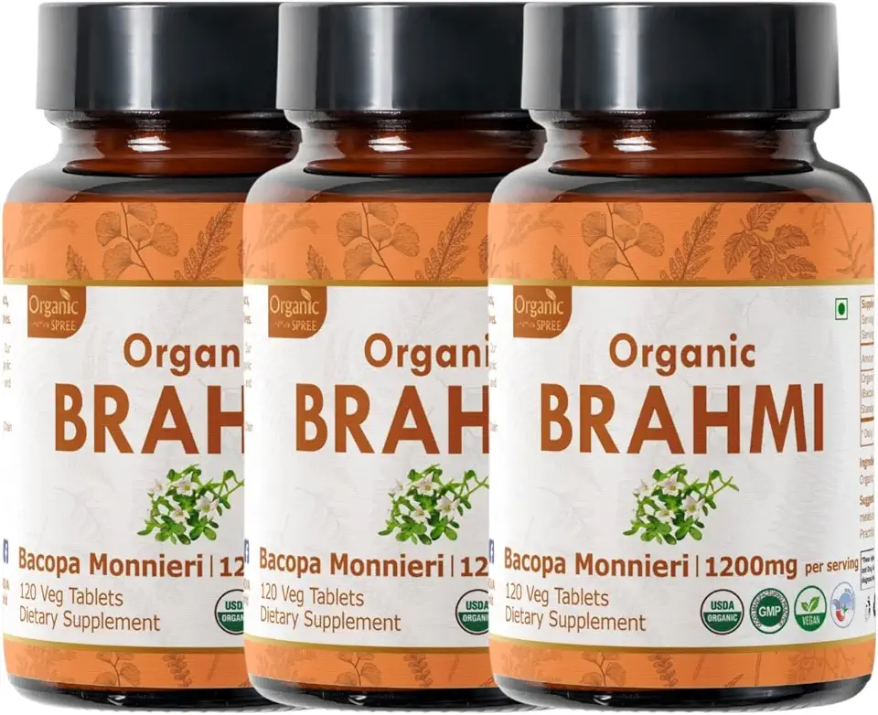 BRAHMI 120 Tablets | Bacopa Monnieri (Brahmi) | Organic and Natural | Vegan and USDA Certified 120tab - Pack of 3 - Kansas Nuitrition - HNZSDS