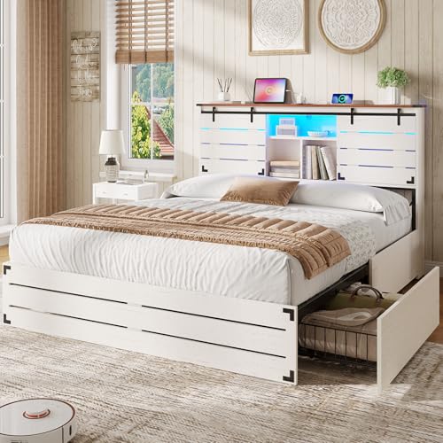 VIAGDO Wooden Bed Frame Queen Size with Bookcase Headboard and Sliding Barn Door, Farmhouse Queen Bed Frame with Charging Station