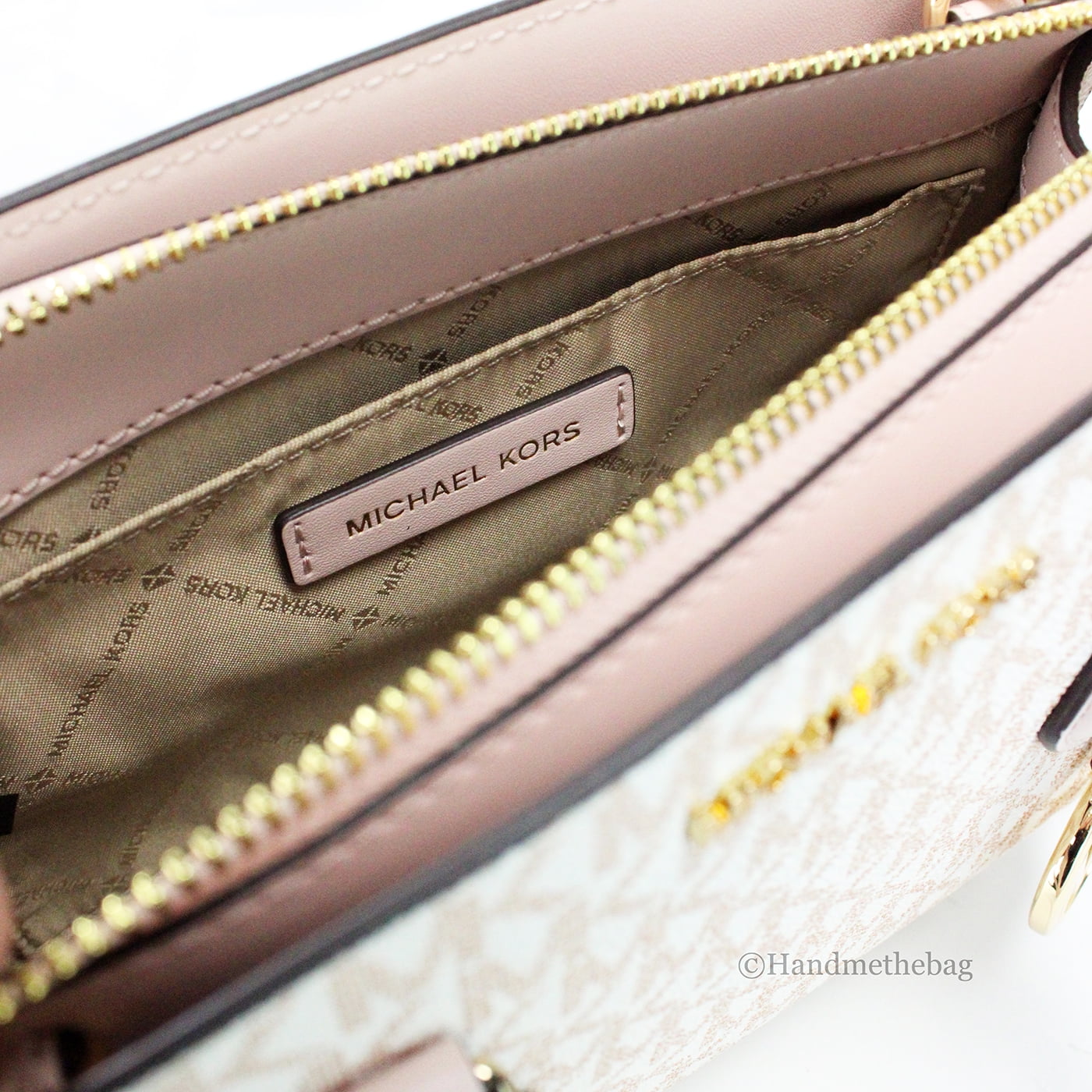 Michael Kors Sheila Small White Rose Gold PVC Center Zip Satchel Purse Bag