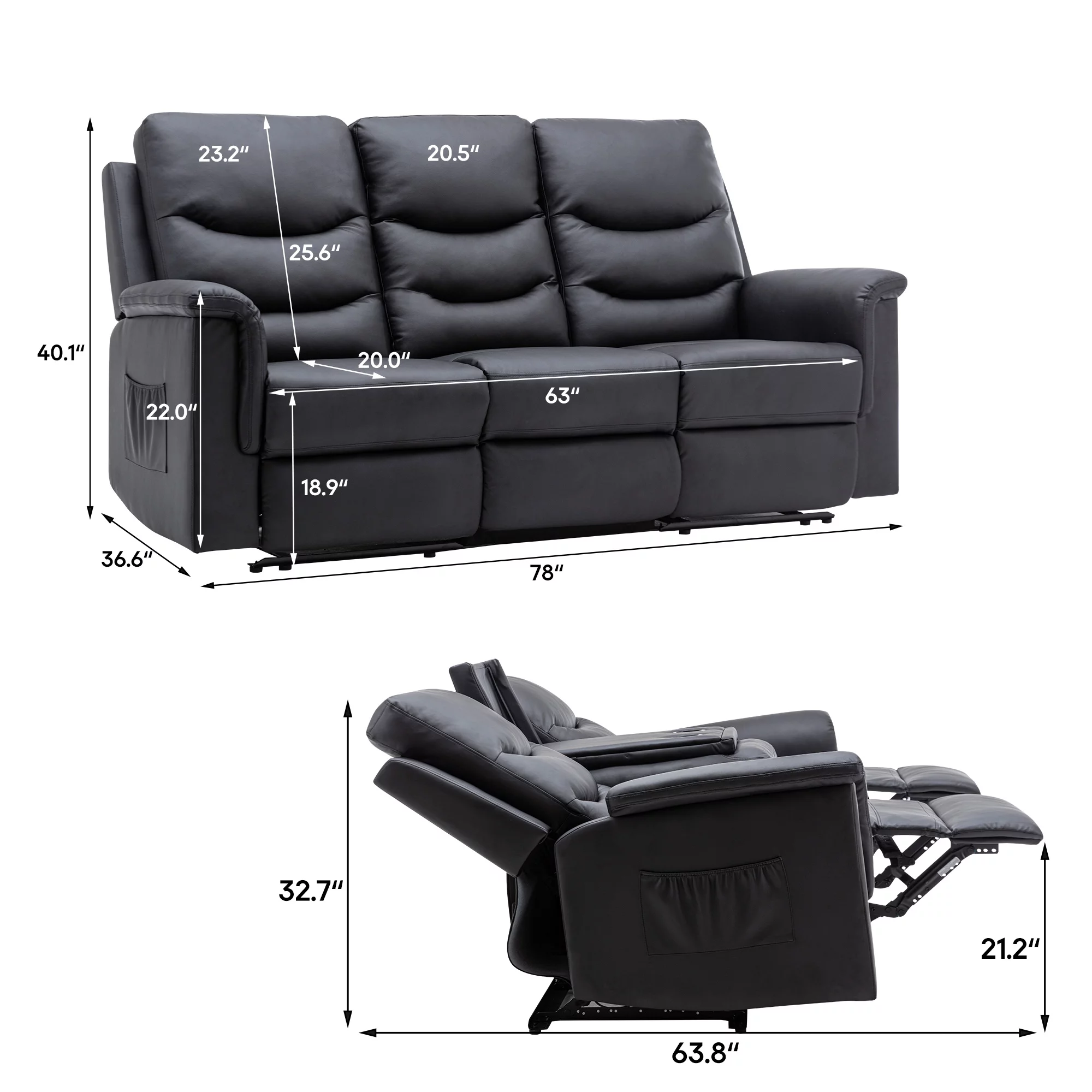 Reclining Sofa, 3 Seater Sofa Recliner with Flipped Middle Backrest, PU Leather Reclining Sofa with 2 Cup Holders and Console Slate