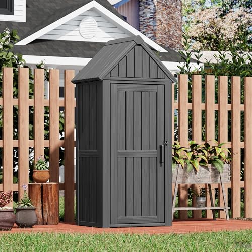Outdoor Resin Storage Shed, Upgrade Durable Storage Cabinet with Removable Shelves and Lock Ring, Reinforced Floor