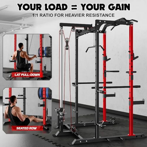 C1-V4 Power Cage, 2000LBS Squat Rack with LAT Pulldown, Multi-Function Weight Cage Strength Training Machine