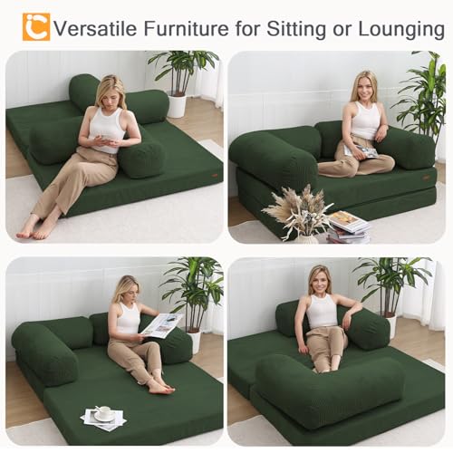 COMAX Folding Sofa Bed, Convertible Chair Bed Corduroy 3-in-1 Foldable Floor Couch with High-Density Foam, Futon Sofa Sleeper Mattress