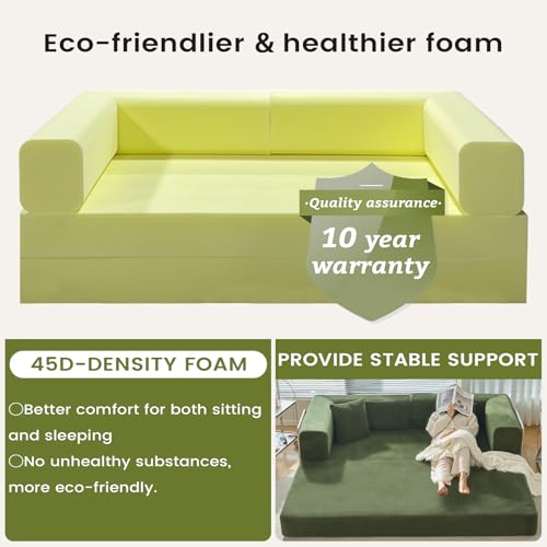 Convertible Sleeper Sofa Bed No Assembly Corduroy Upholstered Green Modular Floor Couch Queen/King Size Foldable Futon with Memory Foam for Apartment