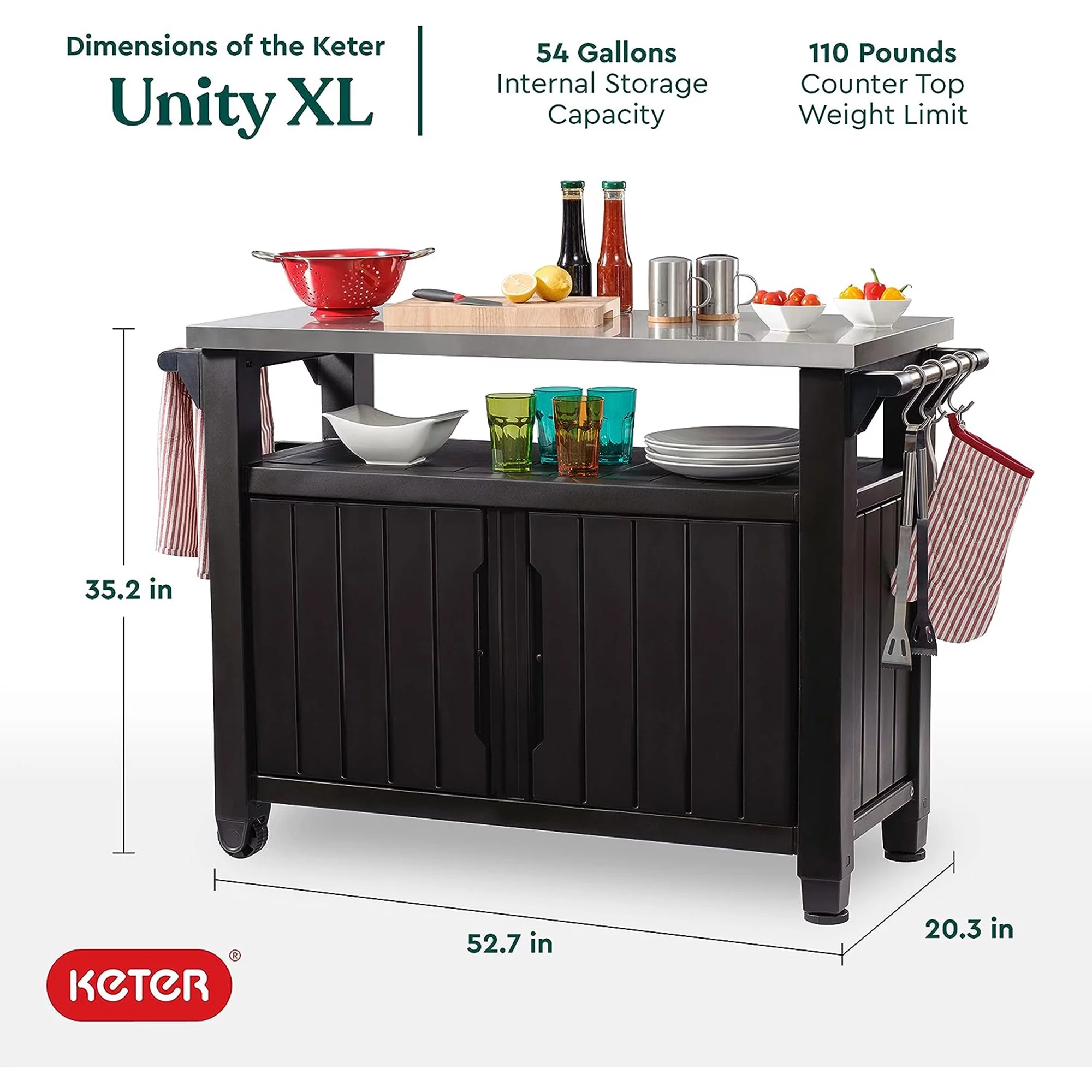 Keter Unity XL Outdoor Kitchen Bar Rolling Cart with Storage Cabinet, Brown - Radiant Selections