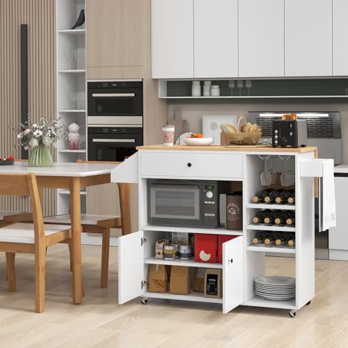 Rolling Kitchen Island with Drop Leaf & Power Outlet, Microwave Cart with Storage Cabinet, Drawer, Wine & Cup Holder, Spice & Towel Rack