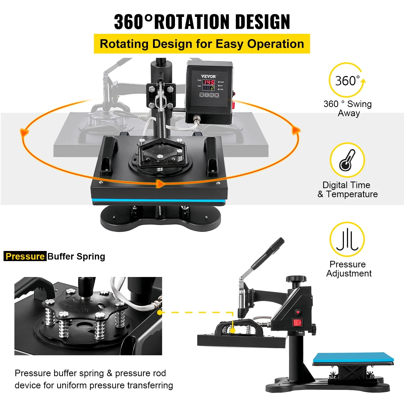 VEVOR 12X10 inch Heat Press Dual Digital Heat Press Machine 650W Swing Away Heat Press T-Shirt Sublimation Printer Transfer 360 Degree Rotation for