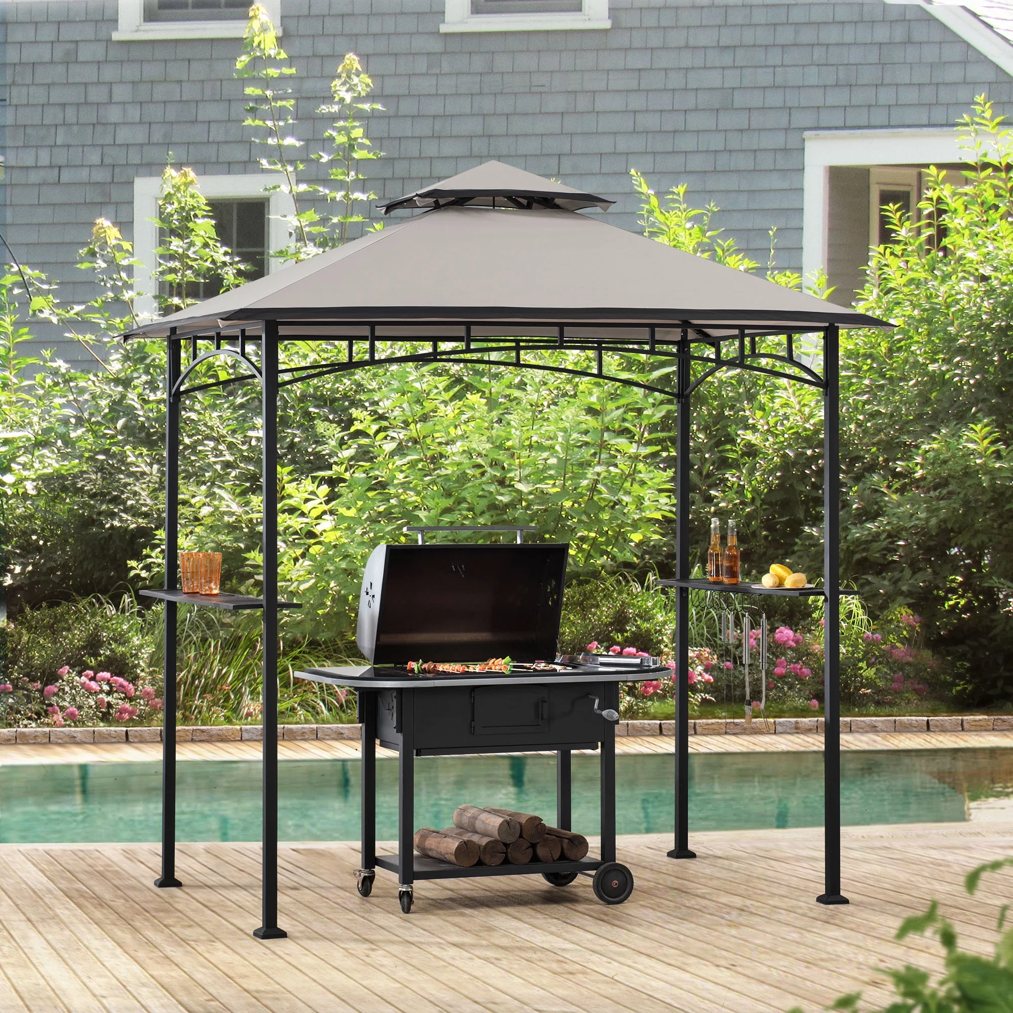 Sunjoy 5 x 8 ft Black Steel Frame Double Tiered Canopy Grill Gazebo for Outdoor, Patio, Garden, and Backyard Activities,Gray and Black
