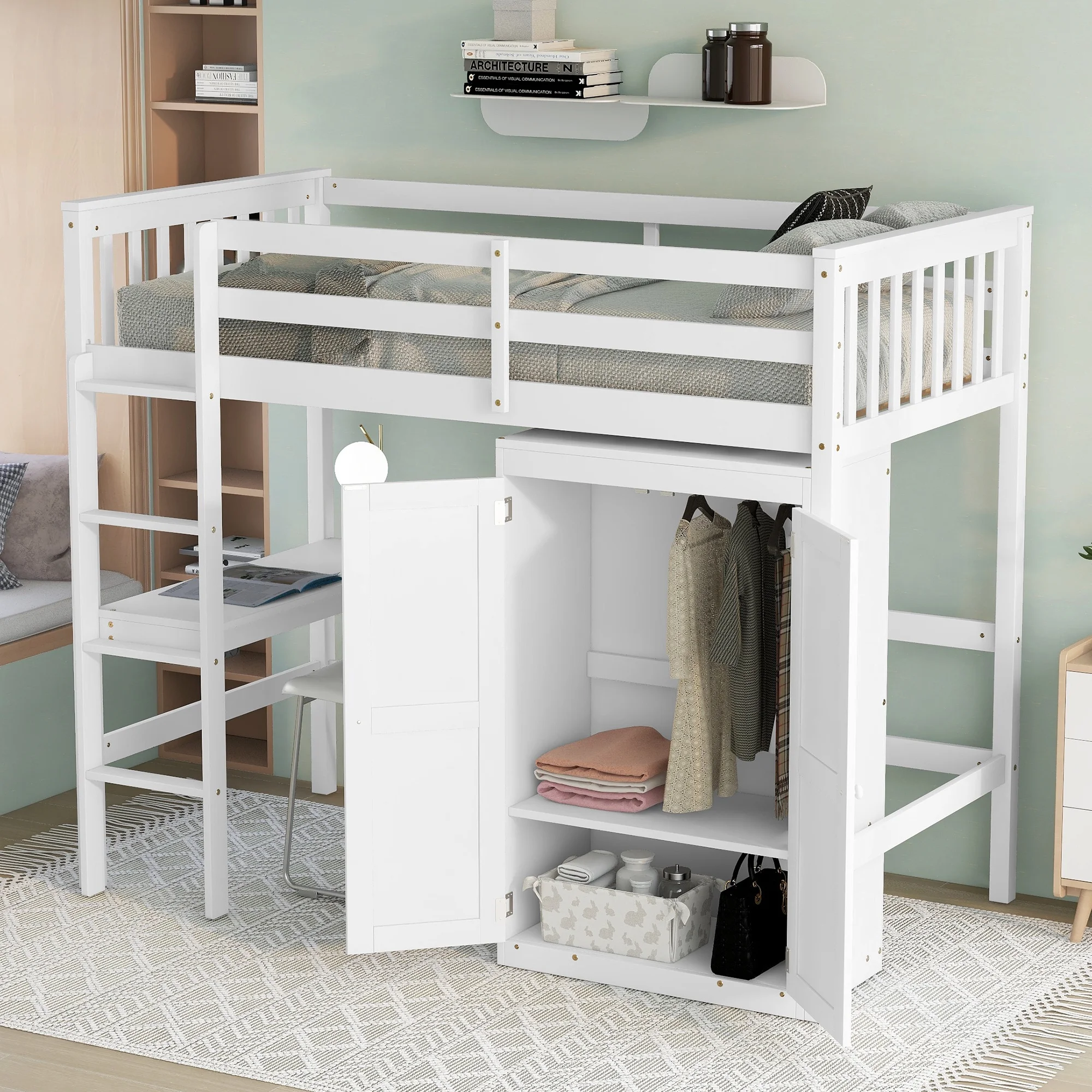 iRerts Loft Bed Frame for Girls Boys, Kids Twin Loft Bed Frame with Desk and Wardrobe, White Space Saving Loft Bed with Full Length Guardrail