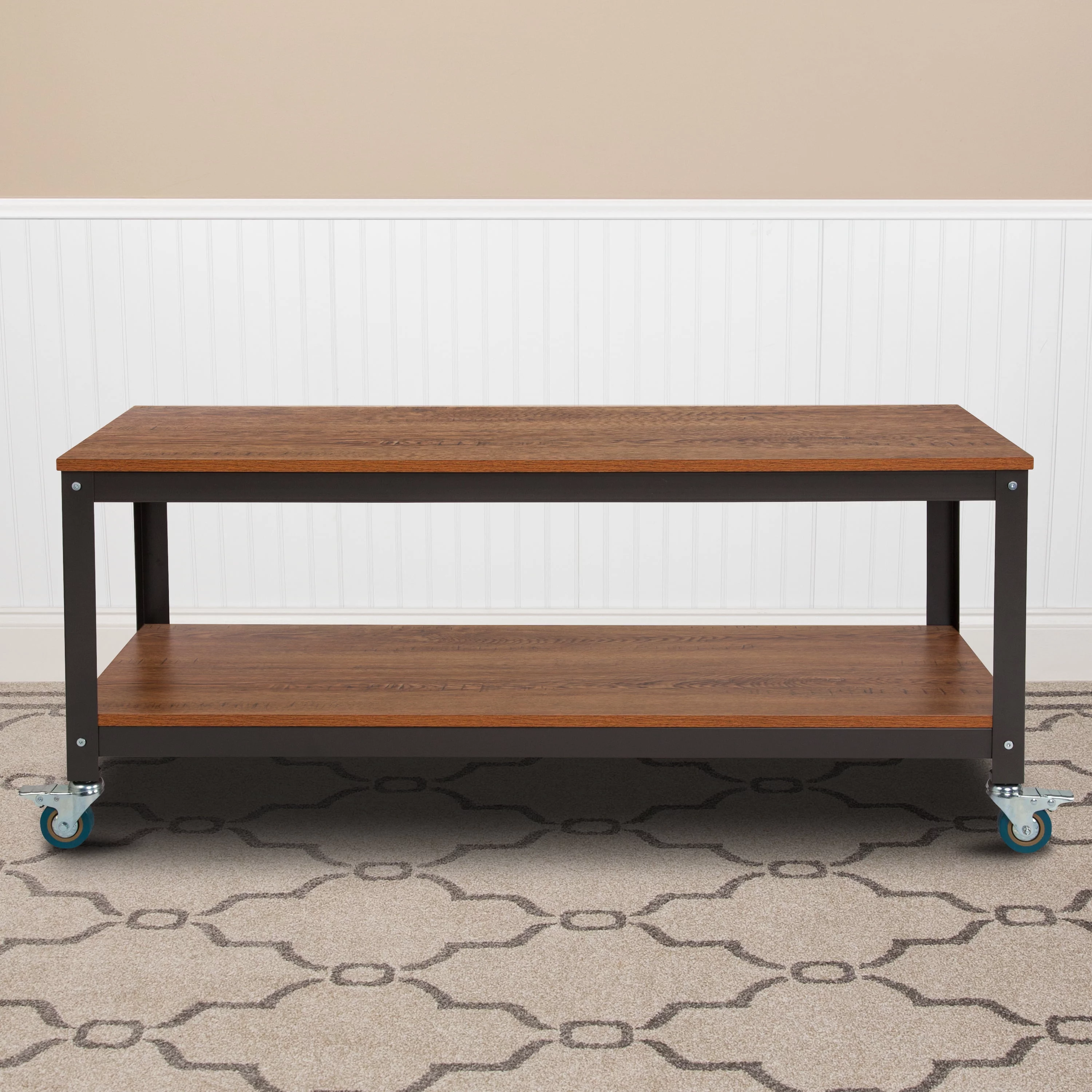 BizChair TV Stand in Brown Oak Wood Grain Finish with Metal Wheels