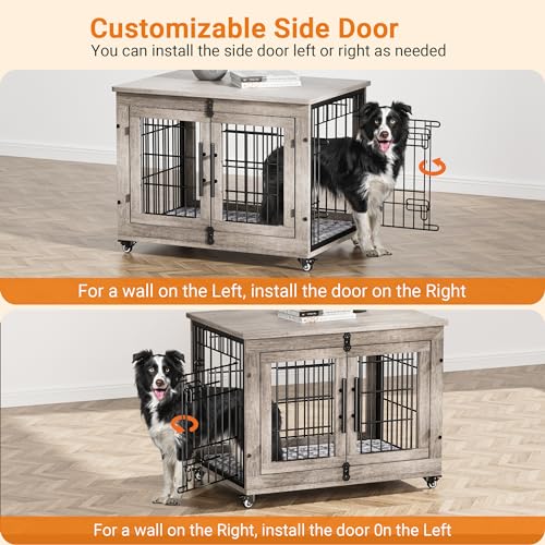 Lulive Dog Crate Furniture for Medium Dogs, 32'' Dog Kennel Indoor with Cushion & Wheels Wooden Dog Cage Double Doors Dog Crate End Table, Grey