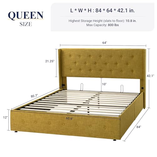 Allewie Full Size Lift Up Storage Bed, Modern Wingback Headboard, Hydraulic Support, No Box Spring Needed, Light Beige