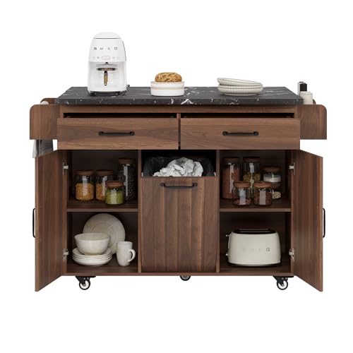 53.5''Farmhouse Kitchen Island with Power Outlet,Storage Cart W/Drop Leaf/Spice Rack/Drawer,Rolling KitchenCart on Wheels,for Home,Dining Room,White
