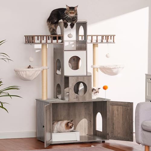 Heybly Cat Tree with Litter Box Enclosure for Indoor Big Cat, Cat Tower for Large Cats 20 lbs Heavy Duty