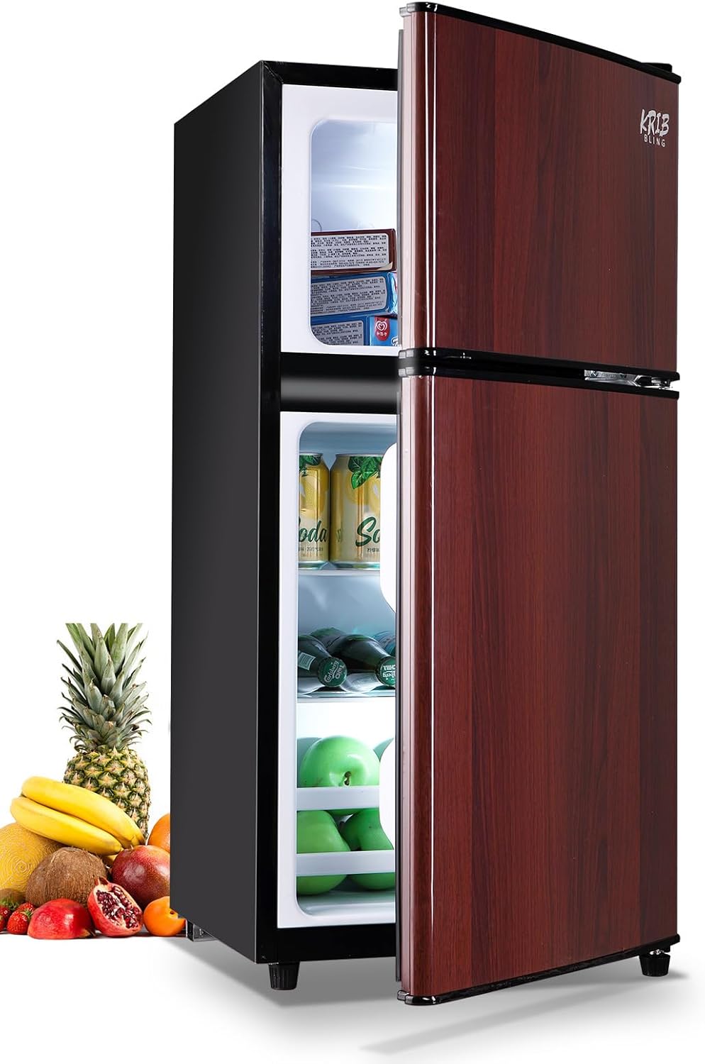 KRIB BLING Mini Fridge With Freezer,Compact Refrigerator With 2 Doors,7- Level Adjustable Thermostat, Removable Glass Shelves For Bedroom, Office