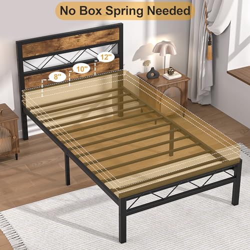 VECELO Queen Metal Platform Bed Frame with Rustic Vintage Wooden Headboard, Heavy Duty 14 Metal Slats Support