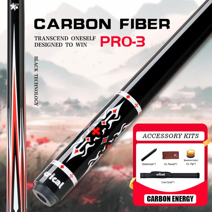 CRICAL Carbon Fiber Pool Cue Stick 58" Billiard Cue Sticks Professional Low Deflection Pool Sticks with 3/8 * 8 Pin Joint and 12.5mm Tip