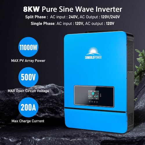 SUNGOLDPOWER 8000W 48V Solar Inverter, Built-in 2 MPPT Solar Controllers, Max 200A Battery Charging, AC Input/Output 120V/240V(settable)