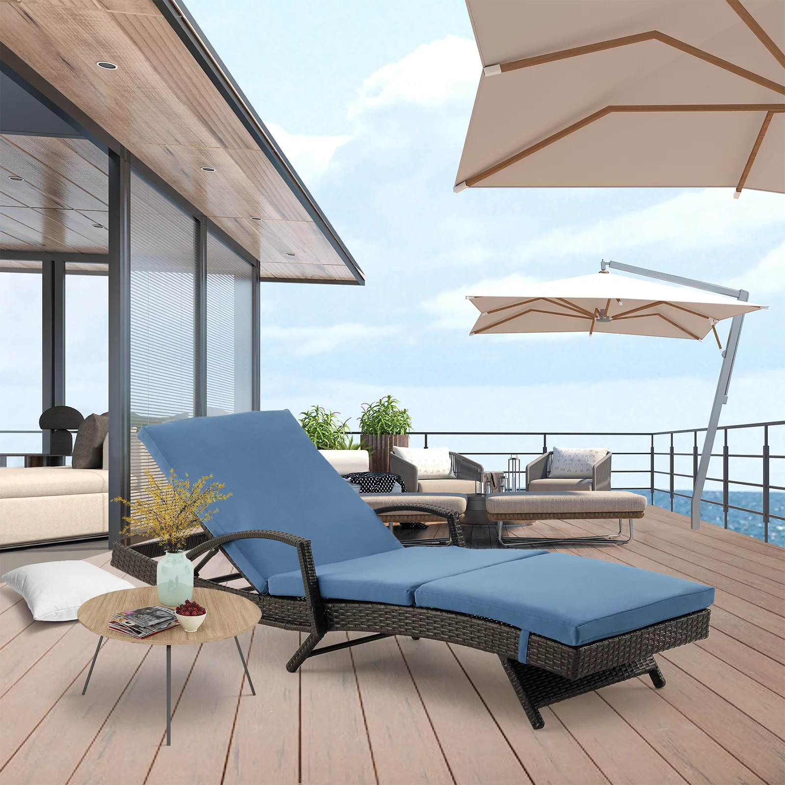 HOMREST Chaise Lounge Chair with 5 Adjustable Position Thickened Cushion Outdoor Reclining Chaise for Patio Backyard(BLUE)