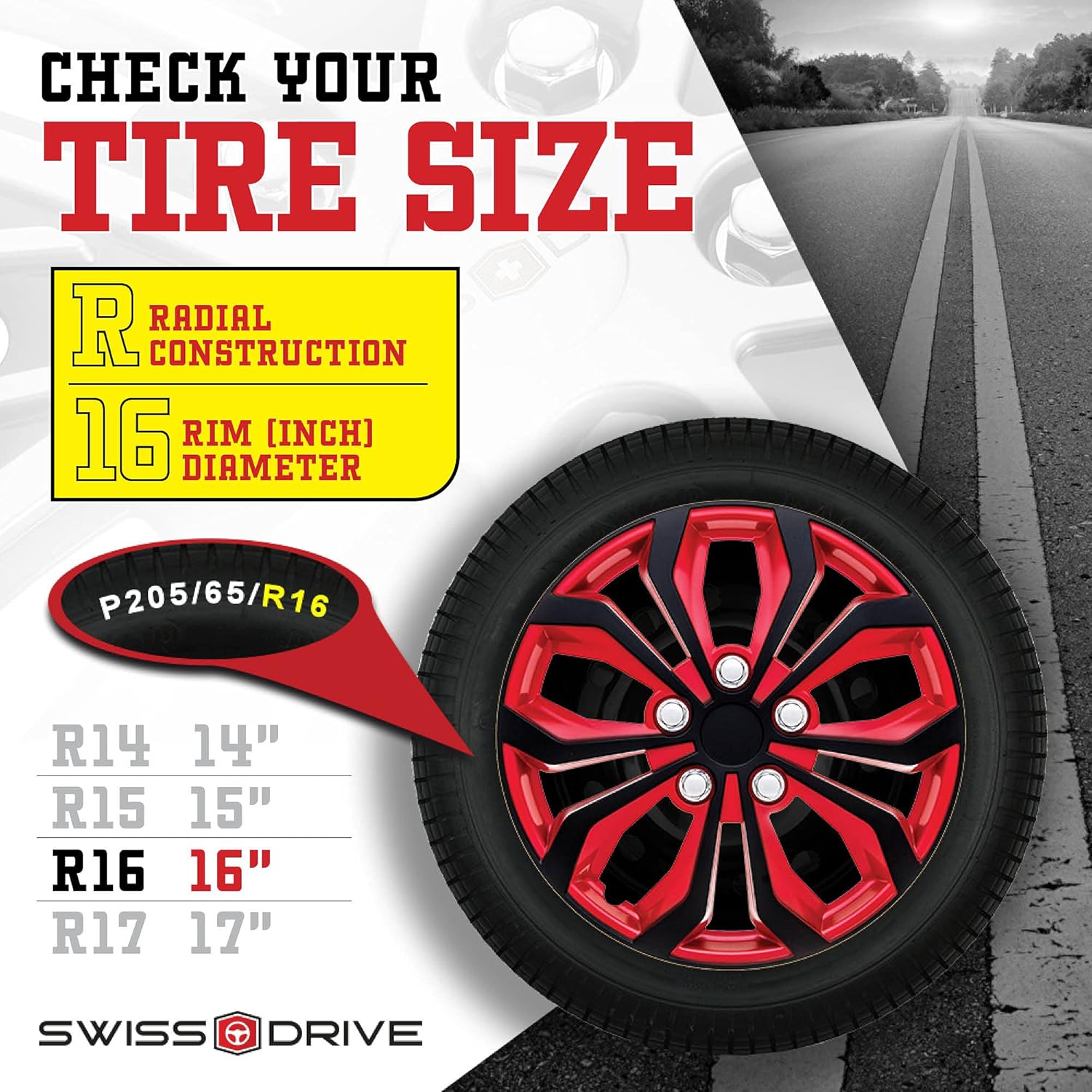 Swiss Drive Hubcaps 16 Set of 4 -Luxurious Red and Black Design – Durable and Reliable
