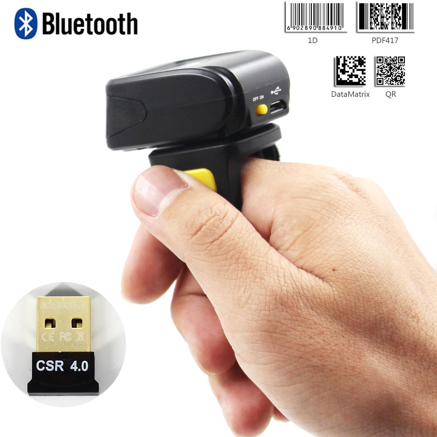 2D Bluetooth Ring Barcode Scanner,Symcode Wearable Wireless Finger Mini Bar Code Reader Scanner