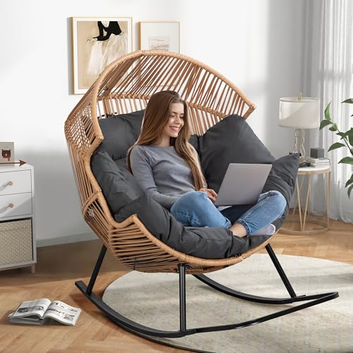 Shintenchi Wicker Egg Chair Outdoor Rattan Patio Chair with Cushion,Oversized Patio Lounge Chairs with Cushion Egg Basket Chair