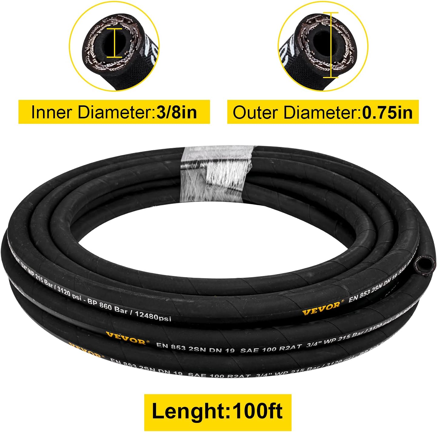 VEVOR Hydraulic Hose 3/8 inch x 100 ft, Coiled Hydraulic Hose 4800 PSI, Rubber Hydraulic Hose with 2 High-Tensile Steel Wire Braid