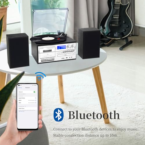 10 in 1 Record Player with External Speakers, 3 SpeedTurntable with AM/FM Radio, CD & Cassette Player, Bluetooth, USB/SD Playback, Remote Control
