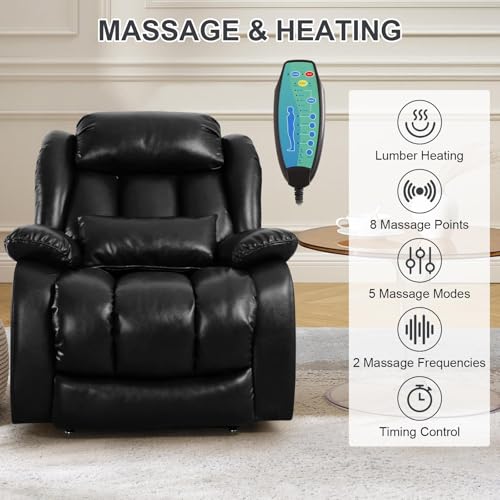 EDILLY Large Genuine Leather Power Lift Recliner Chairs for Elderly, Dual Motor with Massage and Heating,Double Lumbar Cushion and Extended Footrest