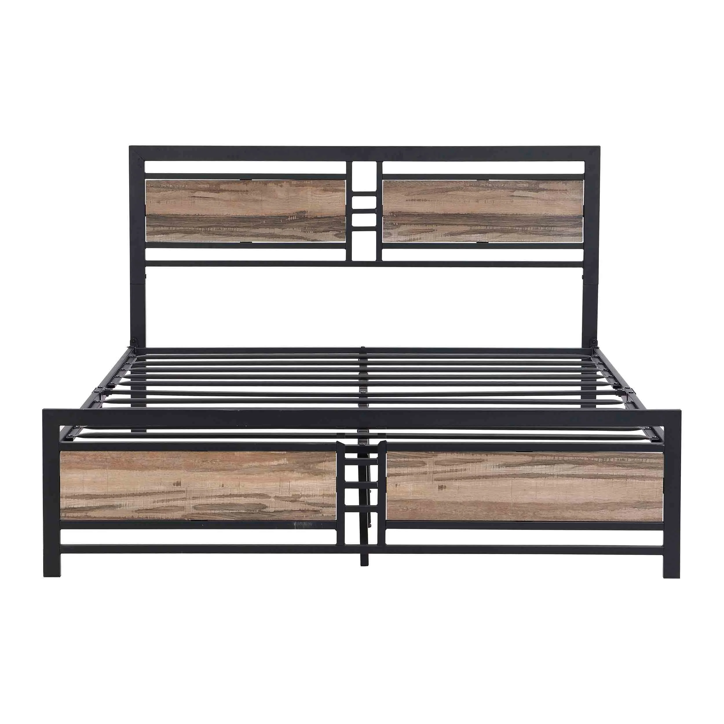 Queen Size Metal Platform Bed Frame with Wood Headboard and Footboard, Heavy Duty Mattress Foundation with Slat Support, Easy to Assemble