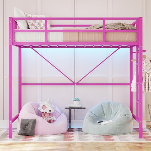 DICTAC Loft Bed Twin Size with Ladder and Guardrail,Metal Twin Loft Bed with Led Lights,Small Space Saving Furniture Design for Bedroom