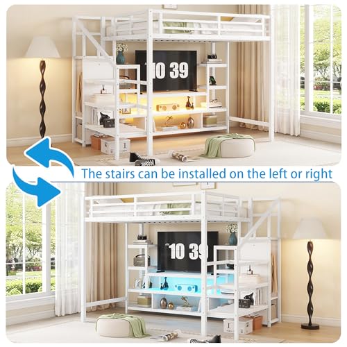 Queen Loft Bed with L-Shaped Desk and Stairs,Metal Queen Size LoftBed with Wardrobe and Adjustable Shelf, Gaming Bed with LED and USB