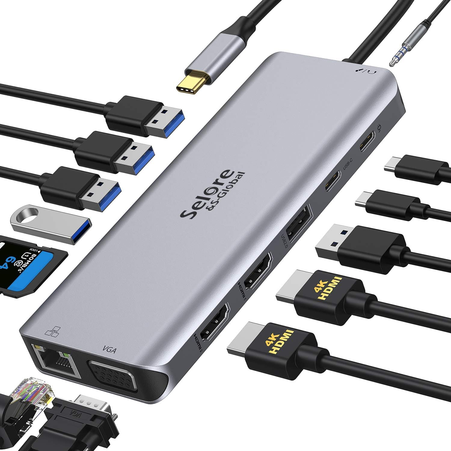 USB C Docking Station Dual Monitor,USB C Dual Monitor 2 HDMI Adapter,Triple Display 4K HDMI&VGA,14 in 1-3USB3.0&2USB2.0,Gigabit Ethernet,100W PD
