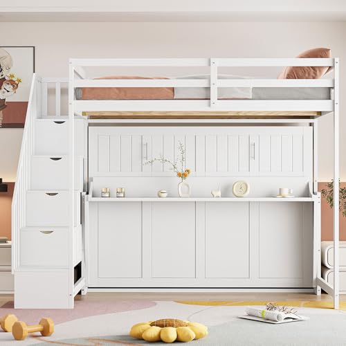 Queen Size Farmhouse Murphy Bed Cabinet with Charging Station, Foldable Platform Bed Frame with 2 Storage Drawers