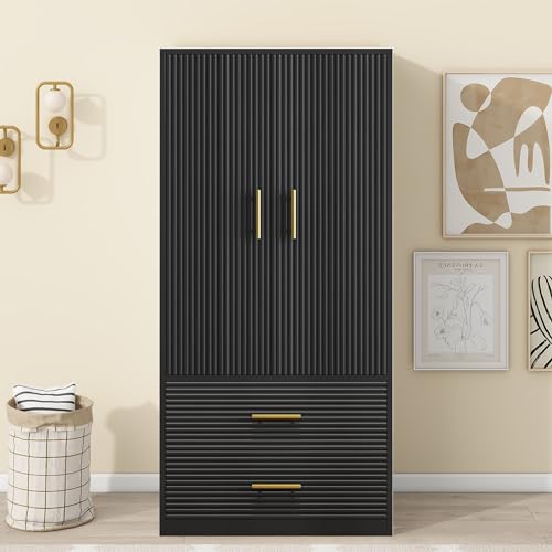 Armoire Armoire Wardrobe Closet with 2 Wave Doors, Storage Closet Cabinet with 2 Drawers, Hanging Rod, Freestanding Wooden Closet for Bedroom(White)