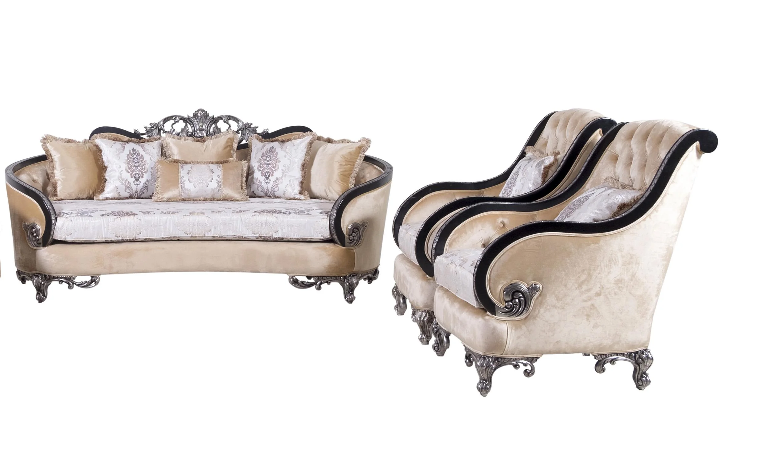 Luxury Black & Silver Wood Trim ROSABELLA Sofa Set 3 EUROPEAN FURNITURE Classic