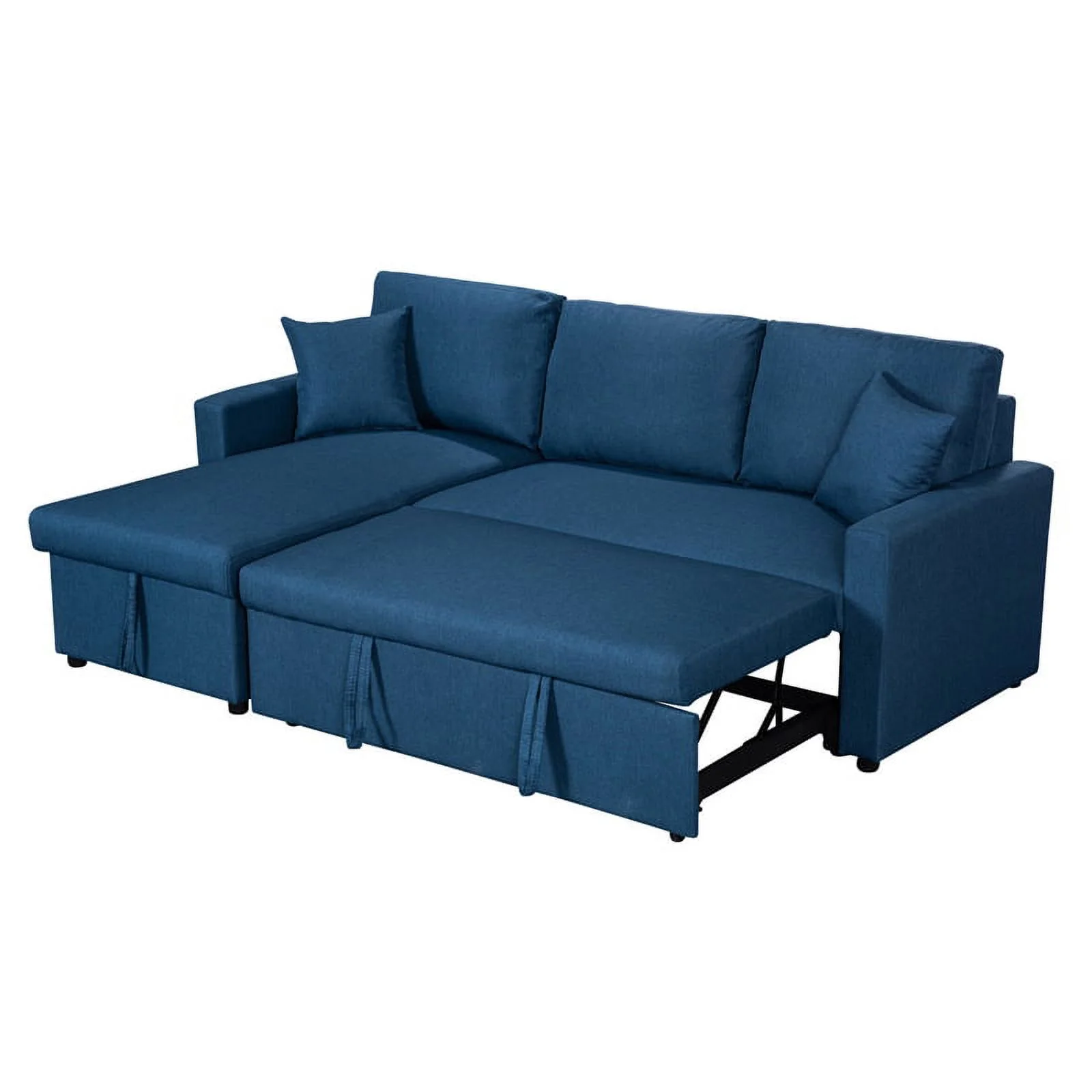 Pemberly Row Blue Fabric Reversible Sleeper Sectional Sofa w/ Storage Chaise