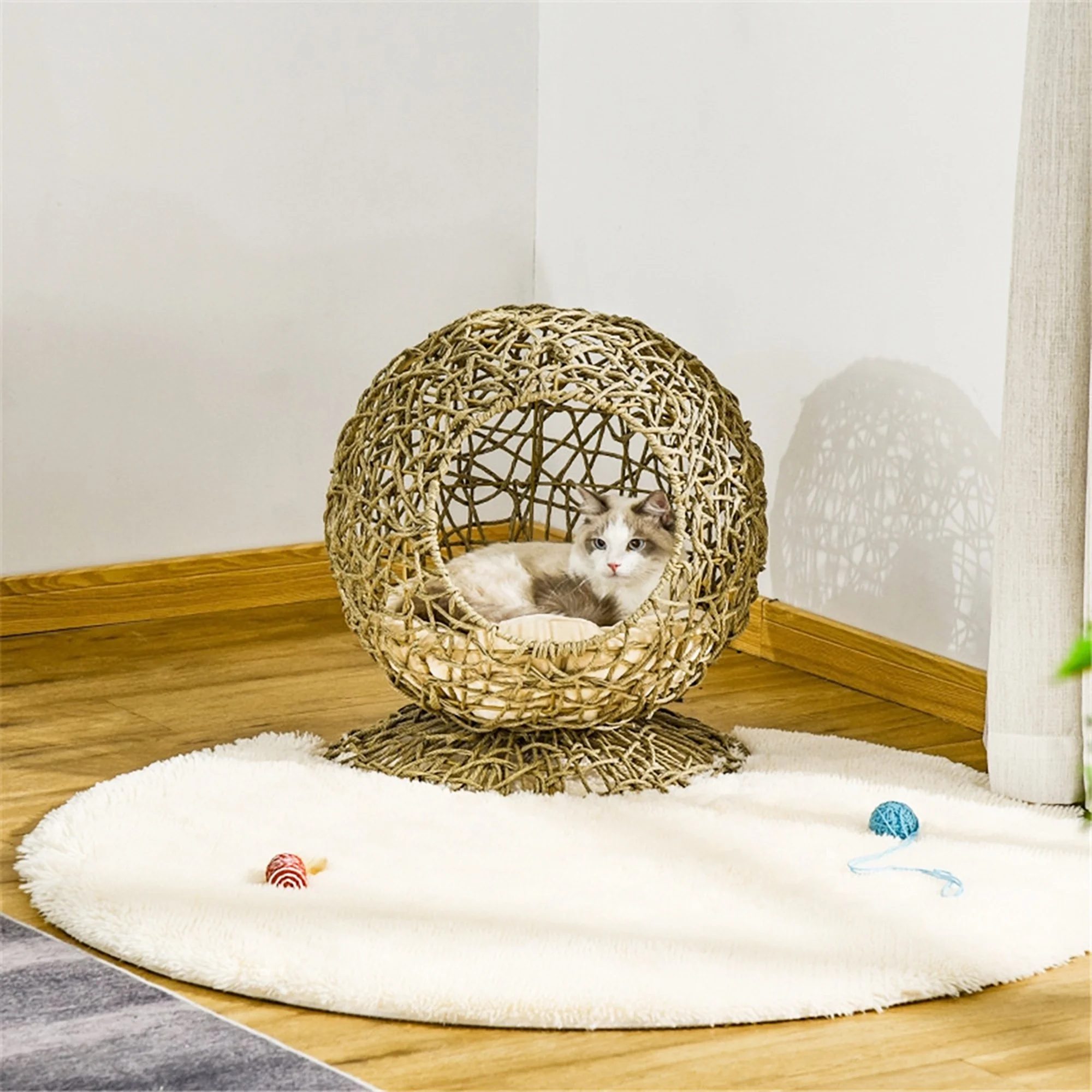 Glavbiku Rattan Elevated Cat Bed Kitty Condo with Soft Cushion,Wicker and Round Base, Brown