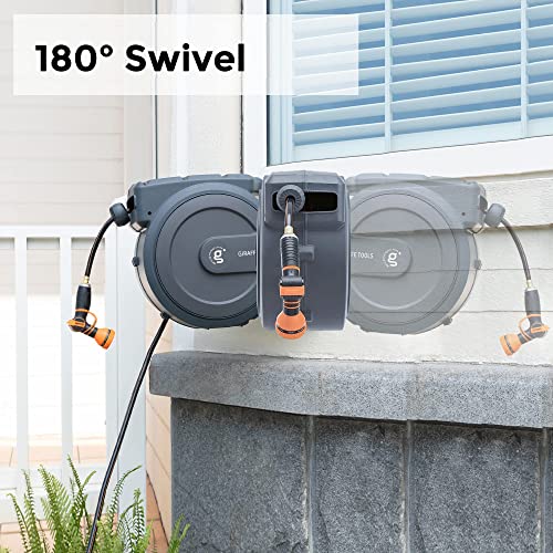 Giraffe Tools AW30 1/2MB Retractable Garden Hose Reel 1/2" x 100 ft PRO Metal Bracket, Heavy Duty, Any Length Lock Hose Reel, 100 ft, Dark Grey