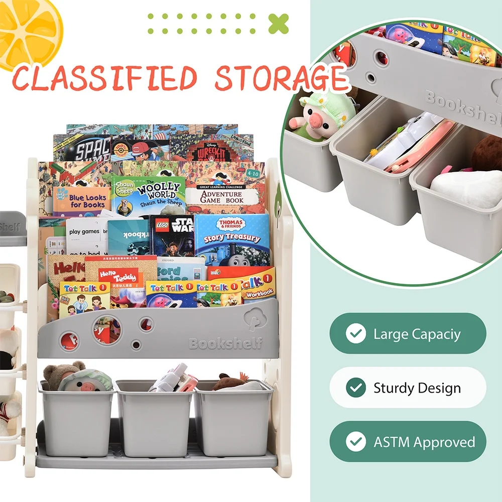 Kids Bookshelf Toy Storage Organizer, Multi-functional Nursery Organizer with 17 Bins and 4 Bookshelves