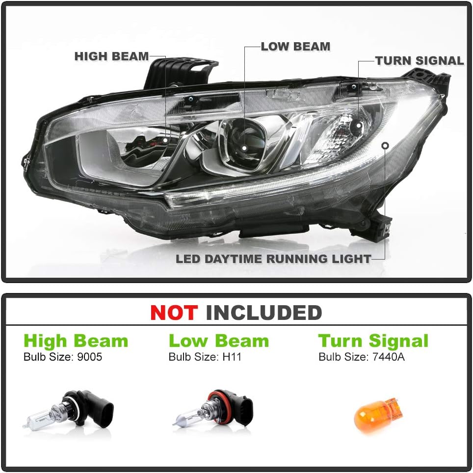 ACANII - For [Halogen Model] 2016-2020 Honda Civic LED DRL Projector Headlights Headlamps Pair Driver & Passenger Side