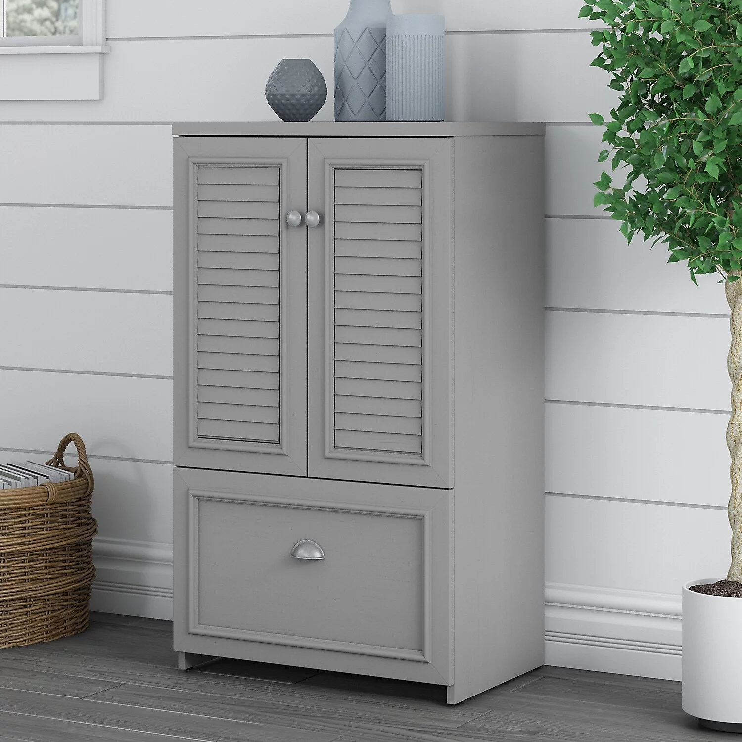 Bush Furniture Fairview Farmhouse Style 2 Door Storage Cabinet with 2 Adjustable Shelves and File Drawer in Cape Cod Gray