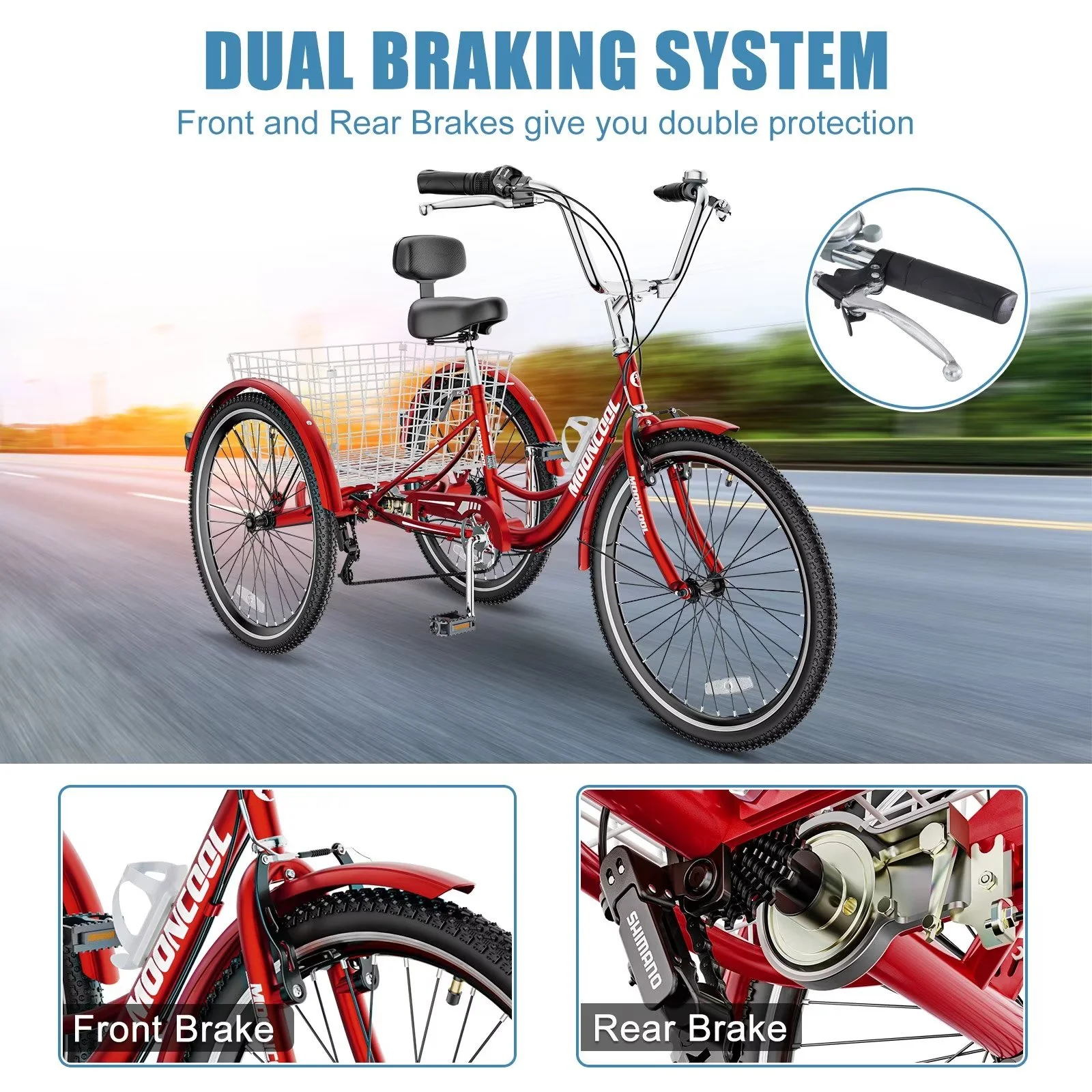 MOPHOTO 7 Speed Adult Tricycle 26 in/24in/20in, Trikes for Adults, Adult Tricycle with Basket & Dual Braking System, Adult Trikes for Women, Men