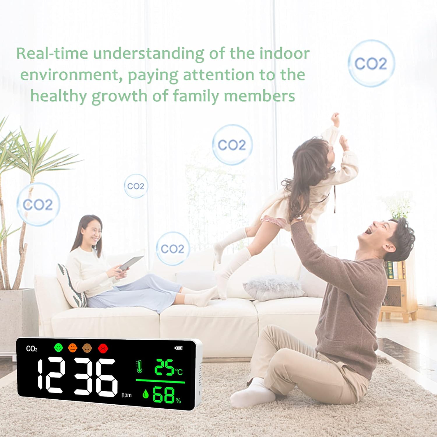 Air Quality Monitor, 3-in-1 Air Pollution Carbon Dioxide Detector, Temperature & Humidity Meter, CO2 exceeding Alarm