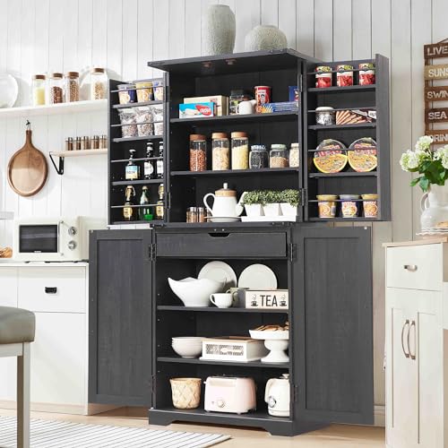 72" Tall Kitchen Pantry, Farmhouse Storage Cabinet with Barn Doors, Organizer, Drawer and Adjustable Shelves, Rustic Wood Cupboard for Kitchen