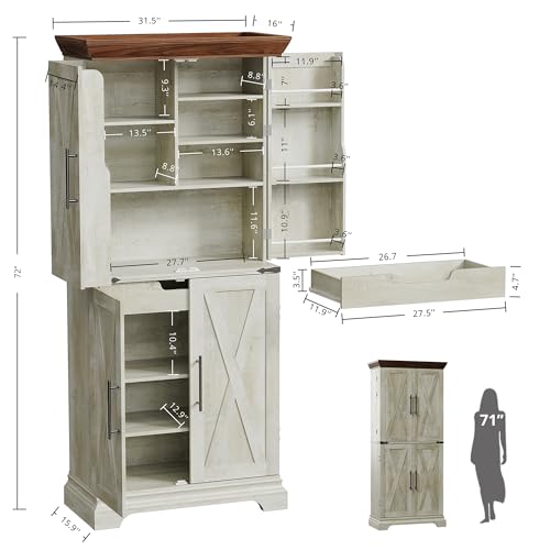 IRONCK Kitchen Pantry Cabinet 72" H, with 9 Shelves, 4 Barn Doors, Drawer, 6 Door Storage Shelves