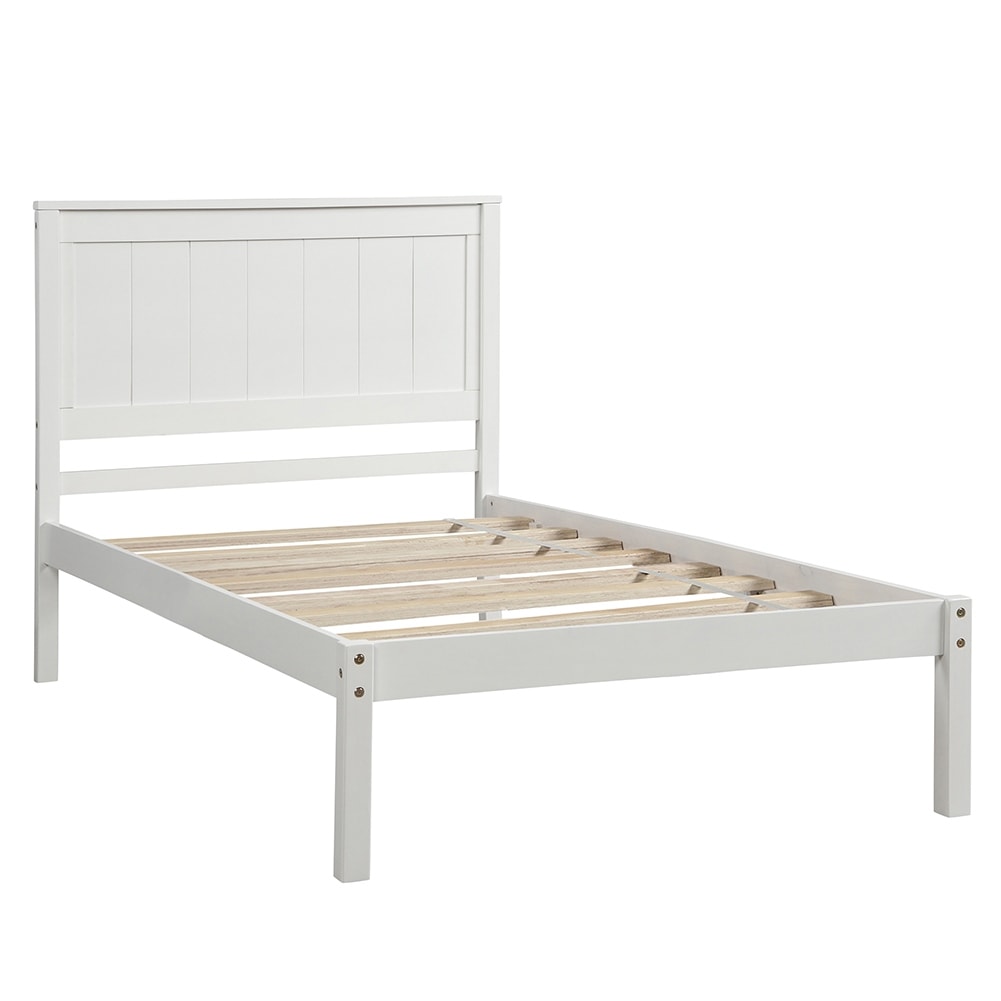 2-Color Platform Bed Frame with Headboard , Wood Slat Support White Full