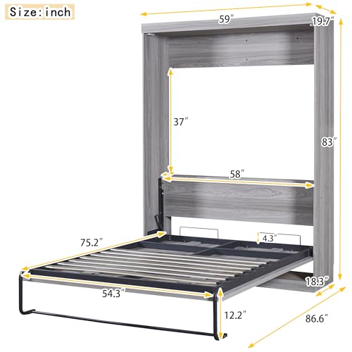 Full Size Murphy Bed with 2 Convertible Side Cabinet Storage Shelf, Foldable Wallbed Bedframe