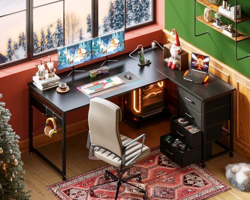 AODK L Shaped Gaming Desk with 4 Drawers, 61" Reversible Home Office Desks with Power Outlets